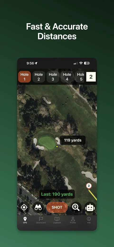 Golf Tracker showing 119 yards to the pin on a satellite hole view