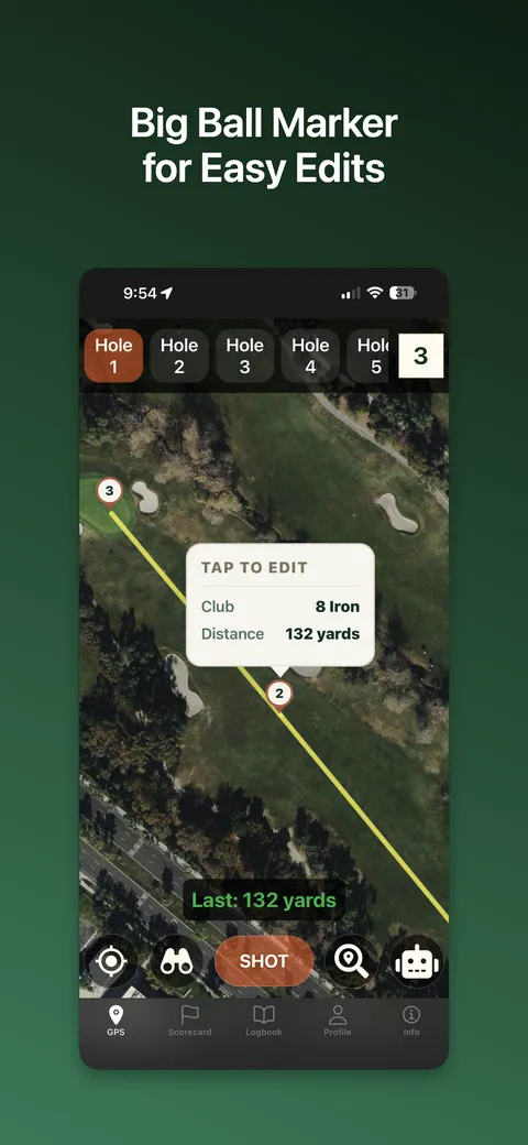 Ball marker on the map showing club and distance, tap to edit