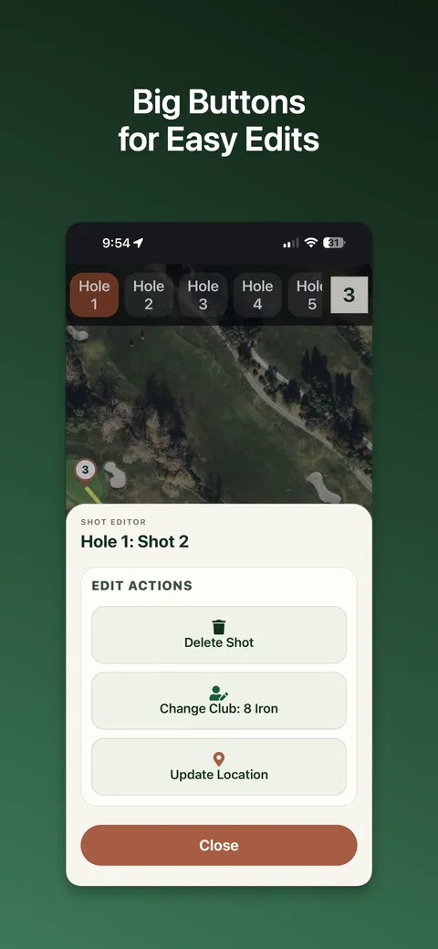 Shot editor with delete, edit club, and update location actions