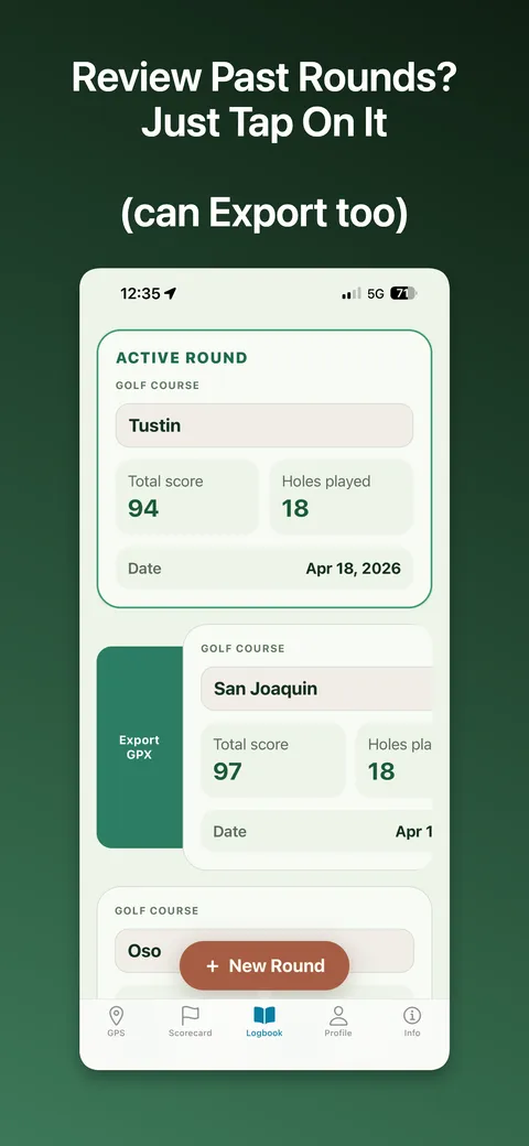 Logbook of past rounds with scores, dates, and a GPX export action