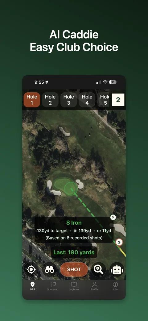 AI caddie recommending an 8 iron for a 130 yard shot