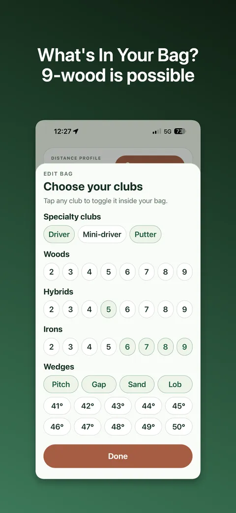 Club chooser with woods, hybrids, irons and wedges by loft