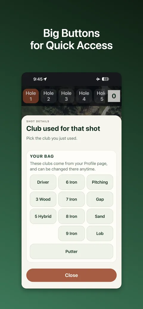 Club picker with large buttons for every club in the bag