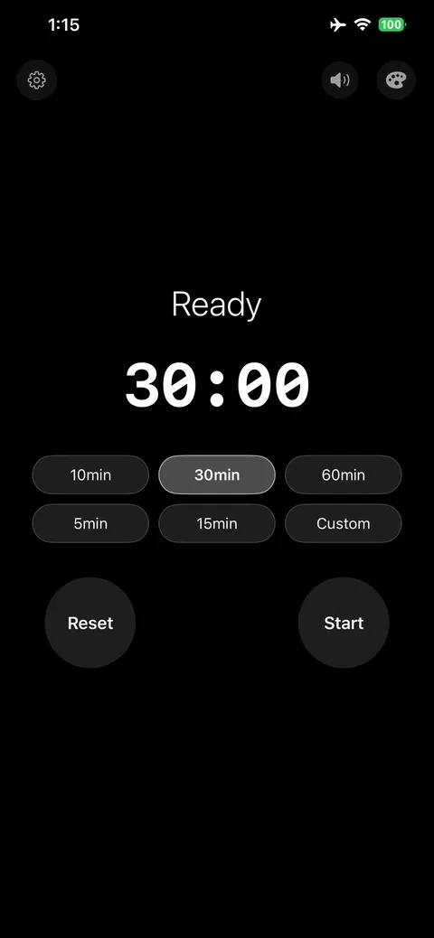 Timer ready at 30:00 with duration presets from 5 to 60 minutes
