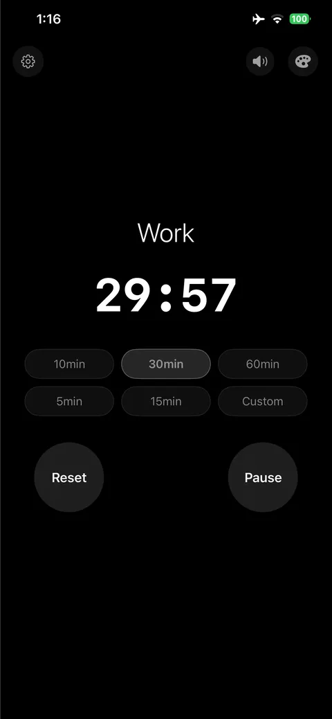 Work session running with 29:57 remaining