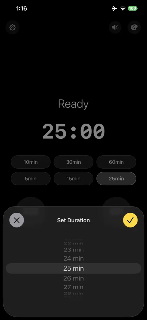 Duration picker set to 25 minutes