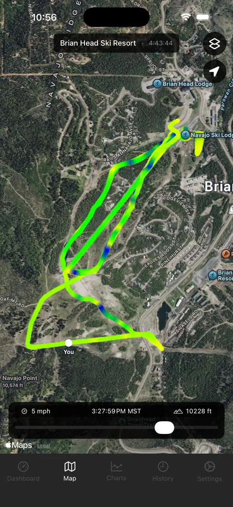 Speed-colored GPS trace of a day at Brian Head over satellite imagery