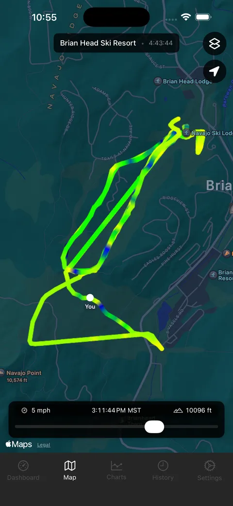 The same run trace drawn over a terrain map