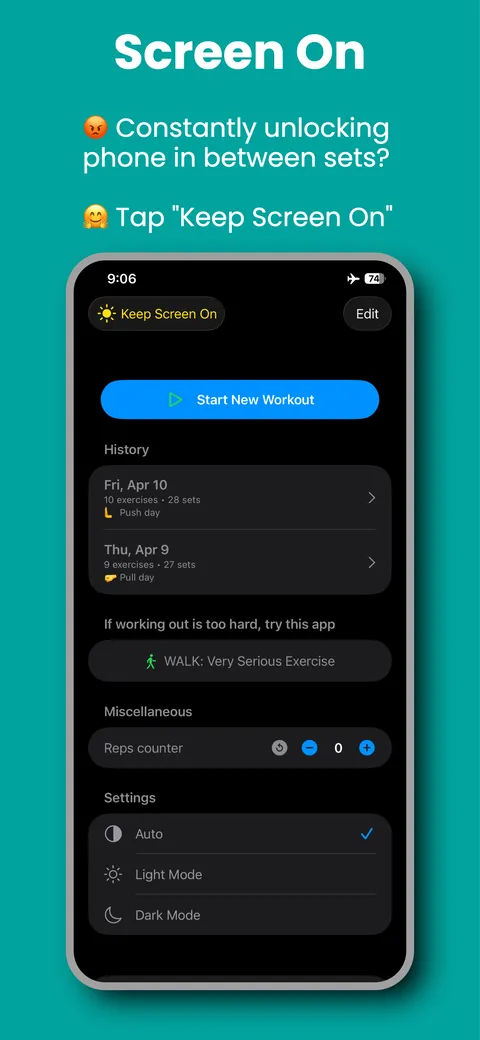 STRONK home screen with a Keep Screen On toggle and workout history