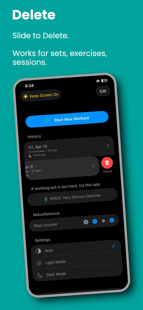 Swiping a workout in the history list to reveal a delete action