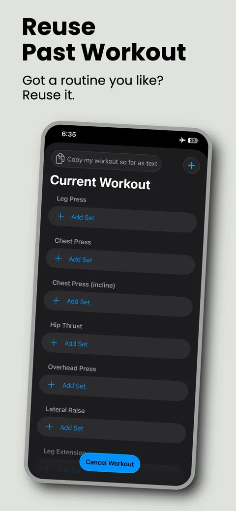 A past workout reused as a template with every exercise ready to log