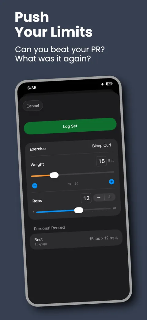Logging a bicep curl set with the personal record displayed below