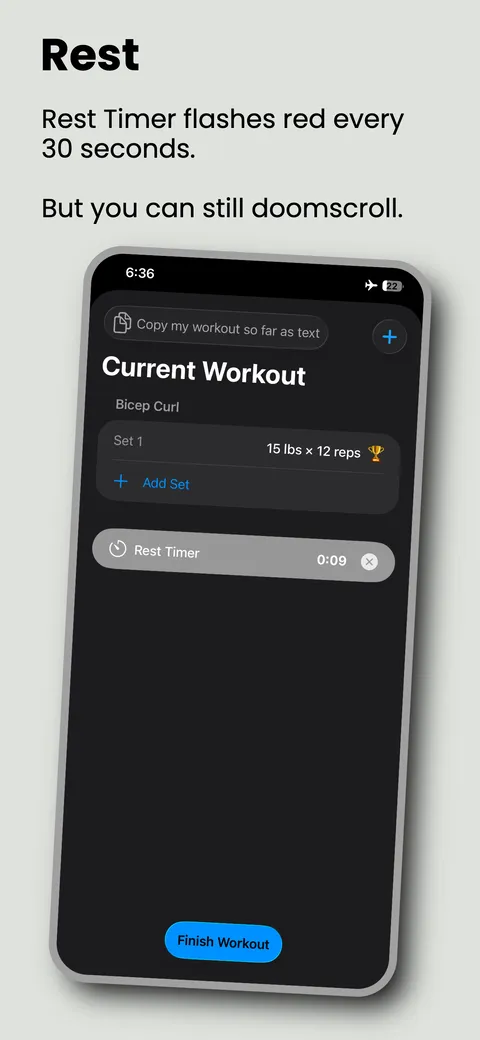 Rest timer counting up under the current workout
