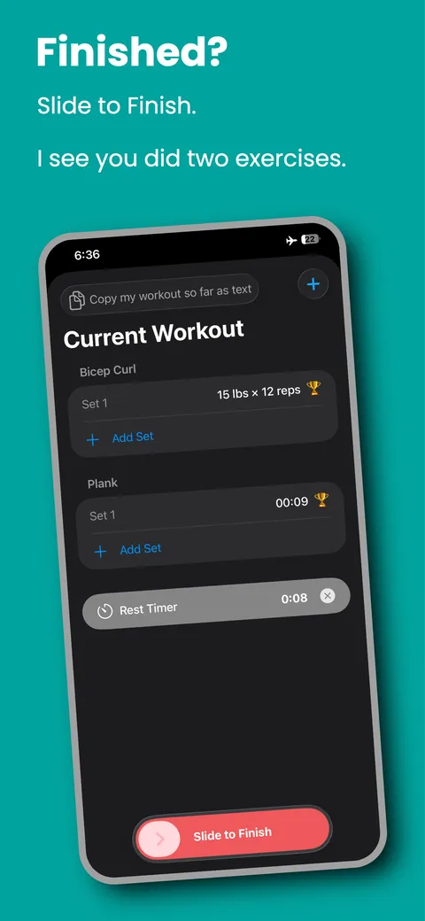 Slide to finish control at the bottom of a completed workout