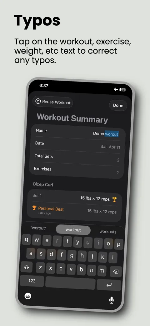 Editing the workout name inline to correct a typo