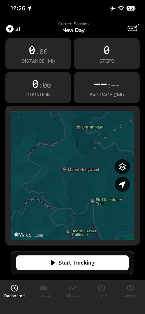 Walk dashboard ready to start, showing distance, steps, duration, pace and a map