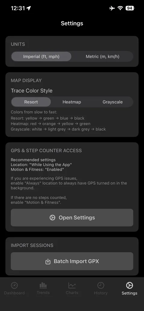 WALK settings screen