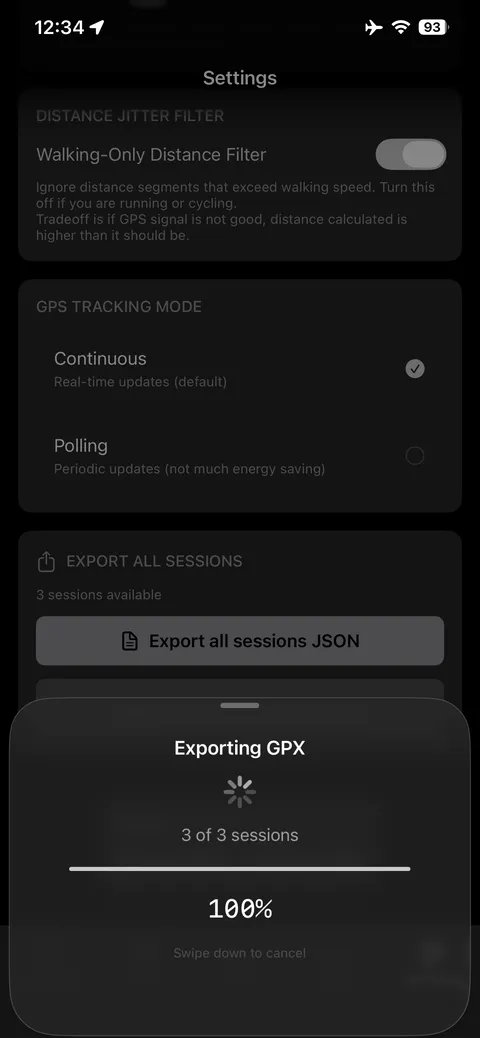 Data export options in WALK settings