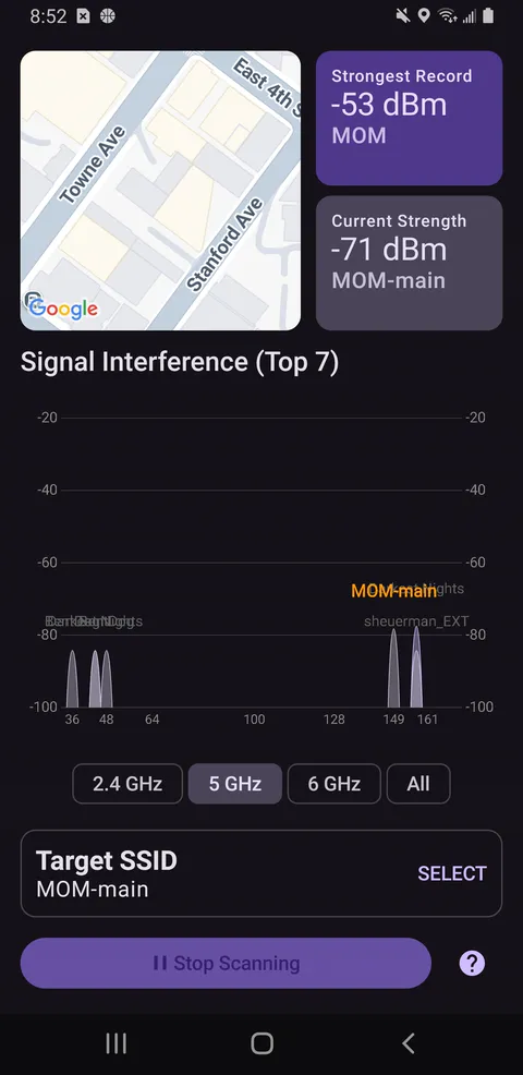 Signal strength of -71 dBm with a best record of -53 dBm and a channel interference chart