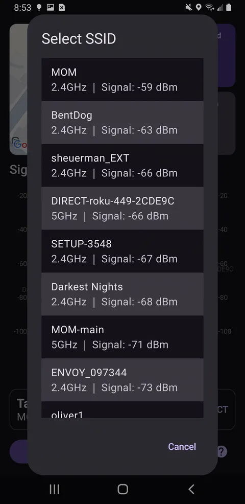 SSID picker listing nearby networks with band and signal strength