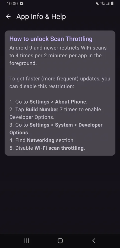 In-app help explaining how to unlock Android WiFi scan throttling